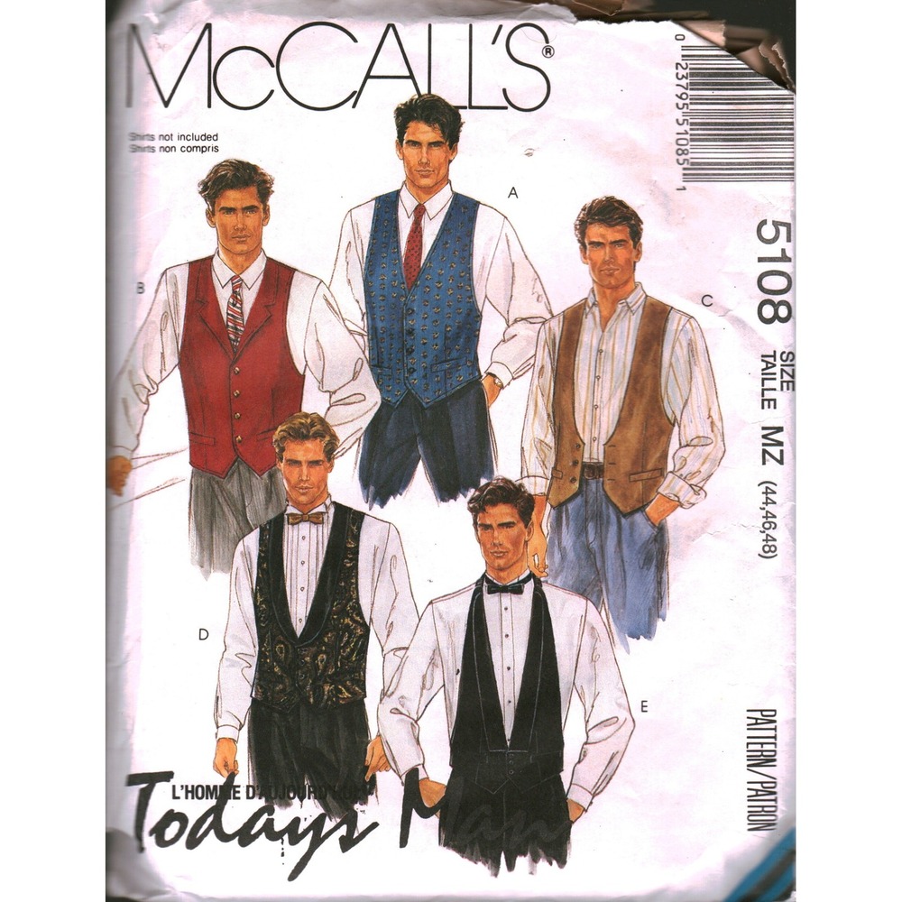 McCalls 5108 Mens Vest Necktie Bow Tie Sewing Pattern Size MZ 44 46 48 Vintage